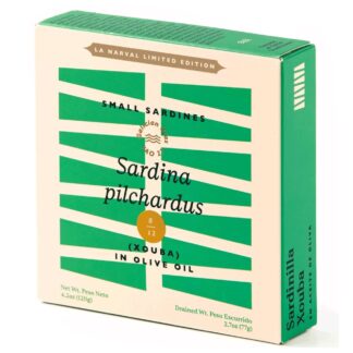 A rectangular, cream-coloured cardboard box of La Narval Small Sardines (Xoubas) in Olive Oil, featuring minimalist black text and a clean, premium design style.