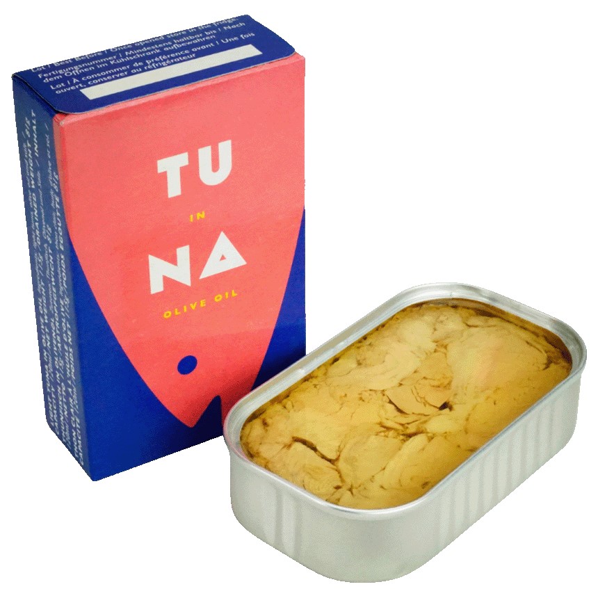 La Narval - Tuna in Olive Oil 110g Open rectangular tin of La Narval Tuna in Olive Oil 110g showing tender, flaky pink tuna fillets submerged in rich golden oil on a dark slate background.