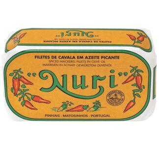 Nuri Spiced Mackerel Fillets in Olive Oil 125g vintage yellow tin package open showing four premium fish fillets