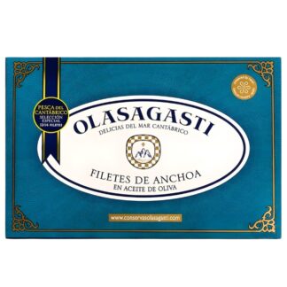 Olasagasti Premium Selection Cantabrian Anchovies 120g tin containing hand-packed seafood fillets in olive oil.