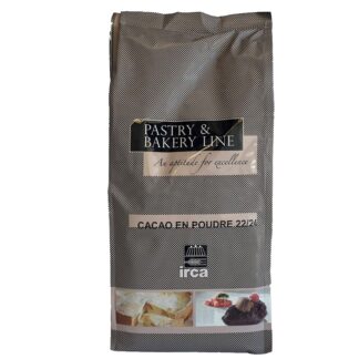 Front view of Irca Cocoa Powder 1kg bag, premium 22-24% high-fat alkalized Dutch-processed baking cocoa made in Italy.