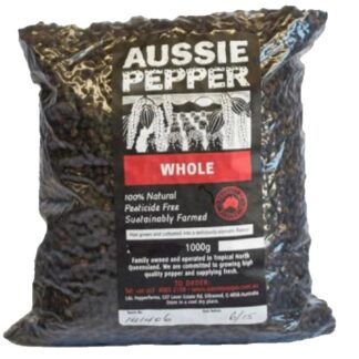 A 1kg bulk bag of L&L Australian Black Peppercorns with whole black pepper berries