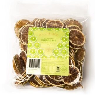 A clear, well-lit overhead shot of premium On the Side Dried Lime Slices in a 150g resealable pouch, surrounded by loose dehydrated lime wheels on a clean background.