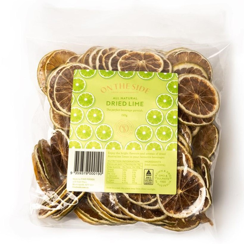 On the Side - Dried Lime Slices 150g A clear, well-lit overhead shot of premium On the Side Dried Lime Slices in a 150g resealable pouch, surrounded by loose dehydrated lime wheels on a clean background.