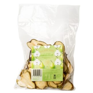 A 255g clear bag of On the Side Dried Pear slices arranged flat on a white background, showing the natural golden-brown dehydrated pear pieces inside.