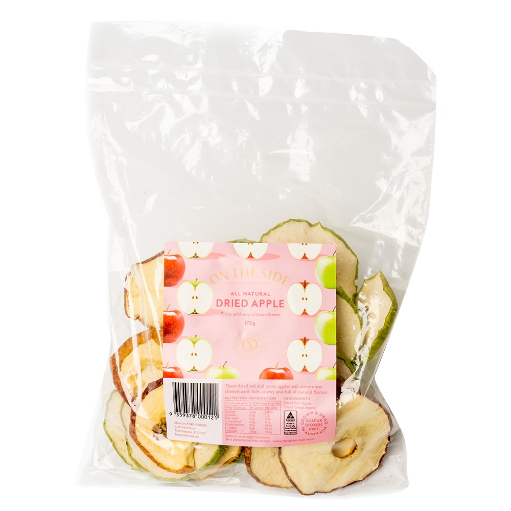 On the Side - Dried Red & Green Apples 170g Pack of On the Side Dried Red & Green Apples 170g surrounded by loose dehydrated sweet red and tart green apple slices on a neutral background.
