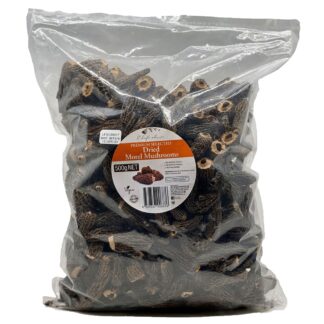 A clear shot of a 500g bulk pack of Chefs Choice Dried Morel Mushrooms, showing the distinct, dark brown honeycomb textures of the premium wild mushrooms.